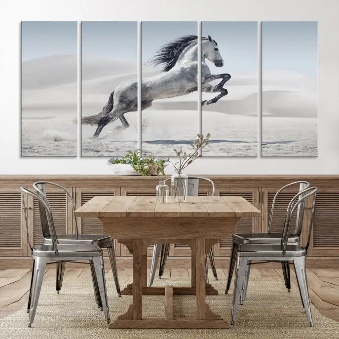 The Prancing Horse on Dessert canvas print, featuring a galloping horse in the desert and printed on museum-quality UV-coated canvas, is mounted prominently.