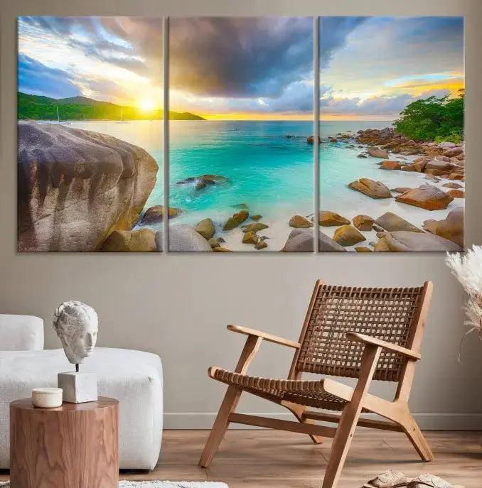 A triptych canvas of the Praslin Island Seychelles hangs on the wall. This vibrant beach sunset artwork features a UV-protective coating for lasting colors and comes with free shipping.