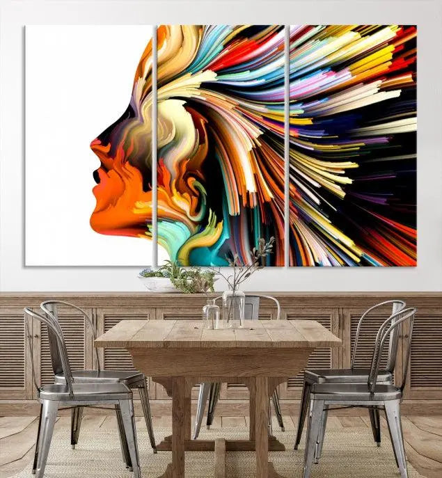 The "Profile Colors Canvas Print," featuring a colorful abstract face on museum-quality canvas, graces the wall.