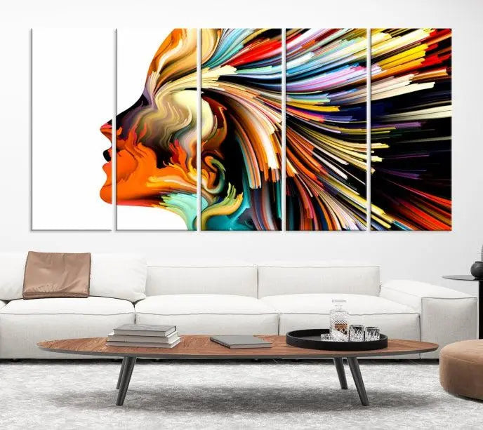 The "Profile Colors Canvas Print," featuring a colorful abstract face on museum-quality canvas, graces the wall.