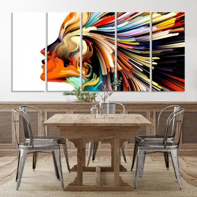 The "Profile Colors Canvas Print," featuring a colorful abstract face on museum-quality canvas, graces the wall.