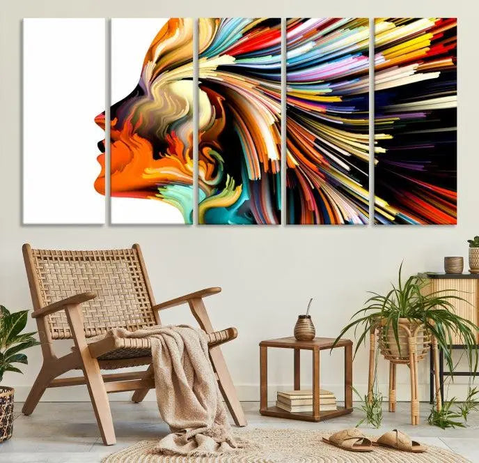 The "Profile Colors Canvas Print," featuring a colorful abstract face on museum-quality canvas, graces the wall.