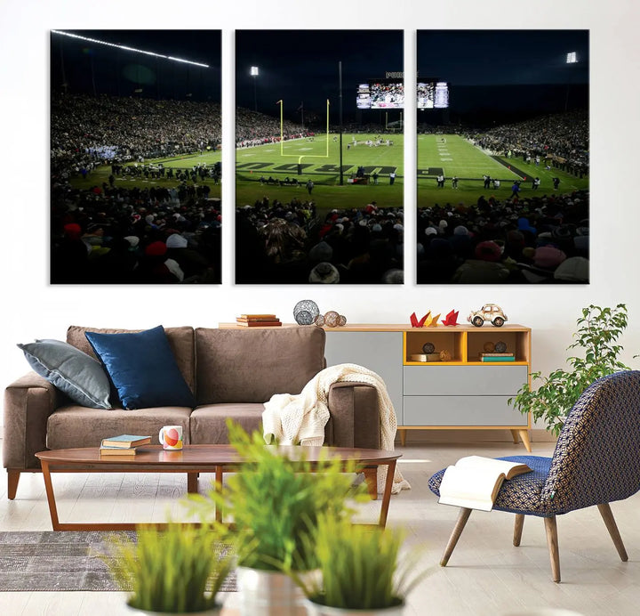 The Purdue Boilermakers Football Team Print - West Lafayette Ross–Ade Stadium wall art canvas print adds a gallery-quality finish and infuses sophistication into the modern living room.