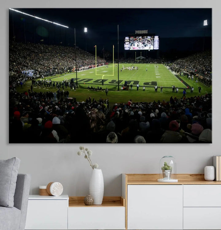 The Purdue Boilermakers Football Team Print - West Lafayette Ross–Ade Stadium wall art canvas print adds a gallery-quality finish and infuses sophistication into the modern living room.