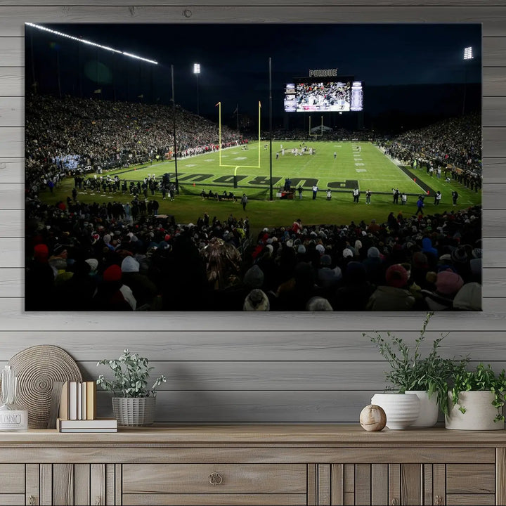 The Purdue Boilermakers Football Team Print - West Lafayette Ross–Ade Stadium wall art canvas print adds a gallery-quality finish and infuses sophistication into the modern living room.