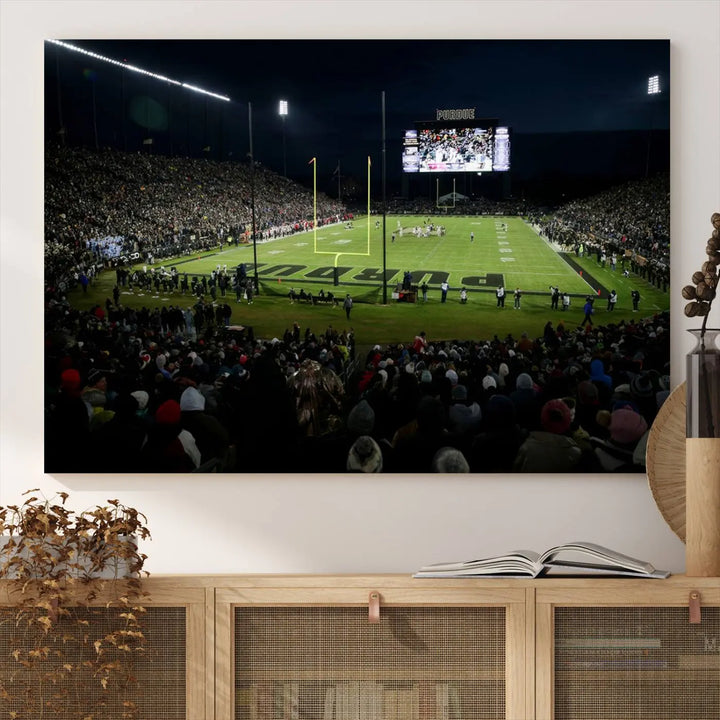 The Purdue Boilermakers Football Team Print - West Lafayette Ross–Ade Stadium wall art canvas print adds a gallery-quality finish and infuses sophistication into the modern living room.