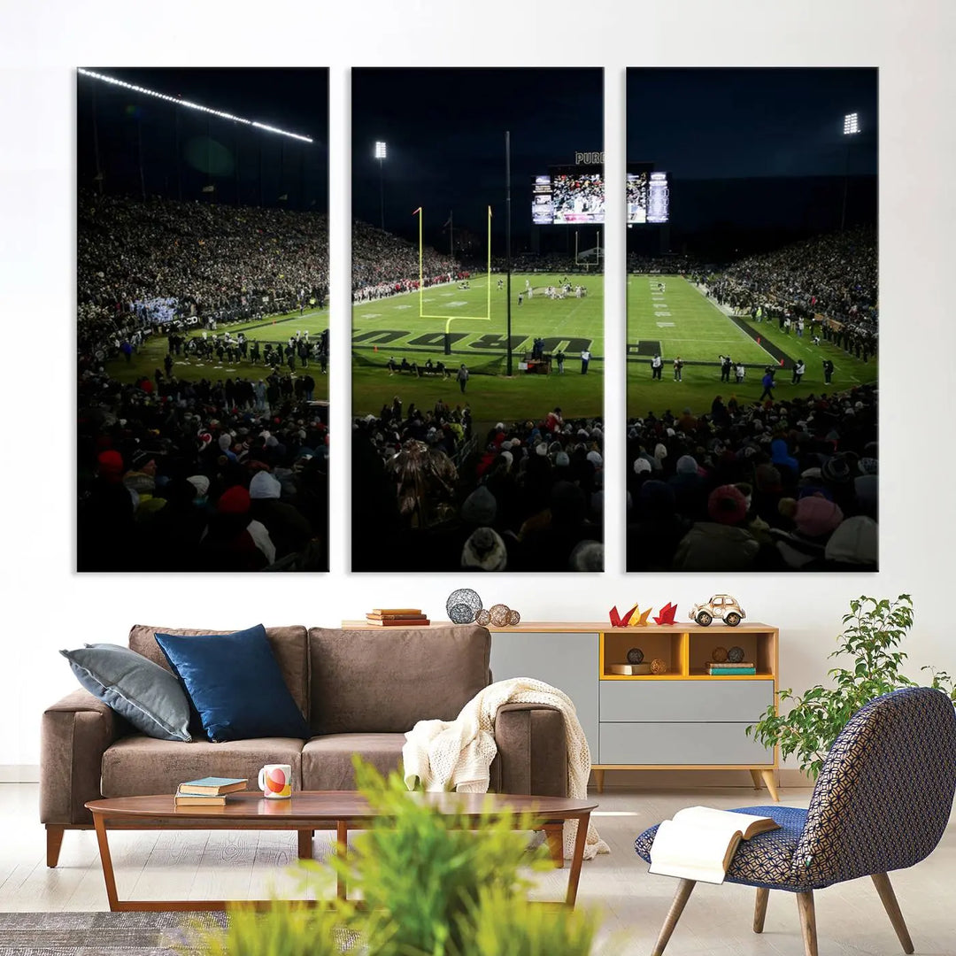 The Purdue Boilermakers Football Team Print - West Lafayette Ross–Ade Stadium wall art canvas print adds a gallery-quality finish and infuses sophistication into the modern living room.