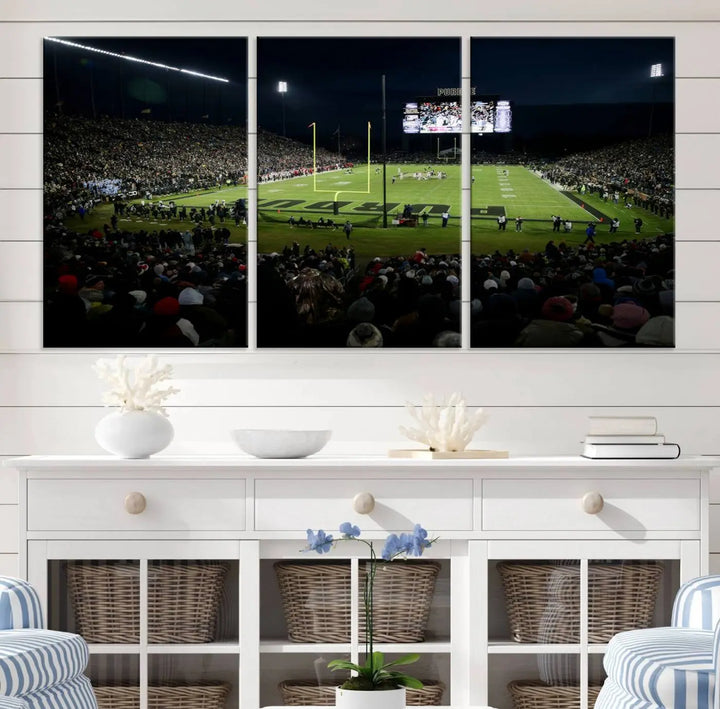 The Purdue Boilermakers Football Team Print - West Lafayette Ross–Ade Stadium wall art canvas print adds a gallery-quality finish and infuses sophistication into the modern living room.