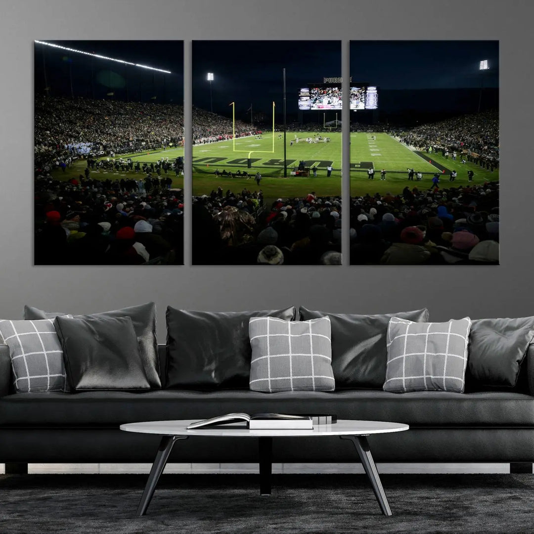 The Purdue Boilermakers Football Team Print - West Lafayette Ross–Ade Stadium wall art canvas print adds a gallery-quality finish and infuses sophistication into the modern living room.