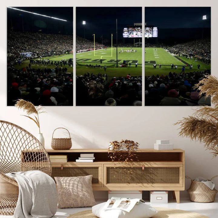 The Purdue Boilermakers Football Team Print - West Lafayette Ross–Ade Stadium wall art canvas print adds a gallery-quality finish and infuses sophistication into the modern living room.