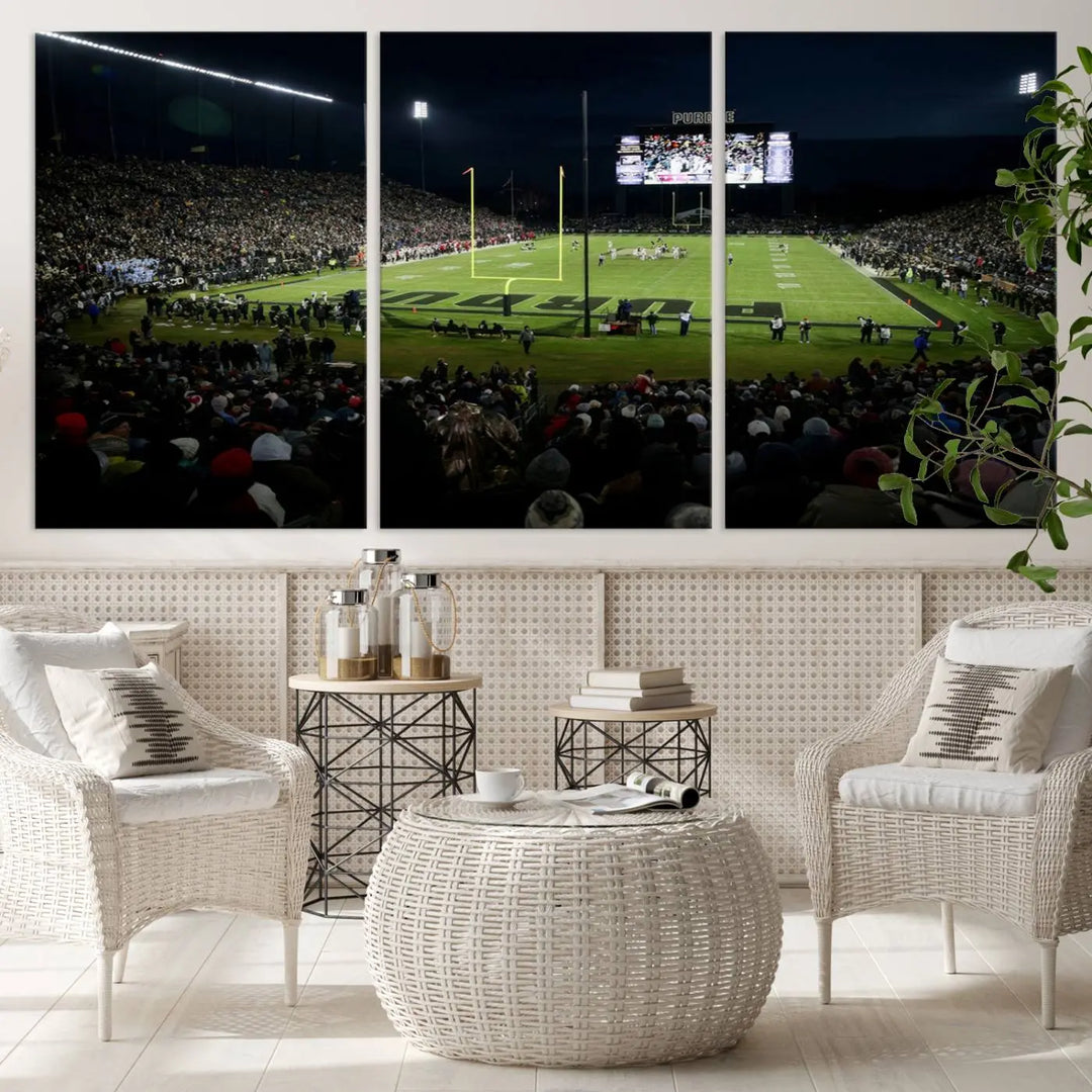 The Purdue Boilermakers Football Team Print - West Lafayette Ross–Ade Stadium wall art canvas print adds a gallery-quality finish and infuses sophistication into the modern living room.