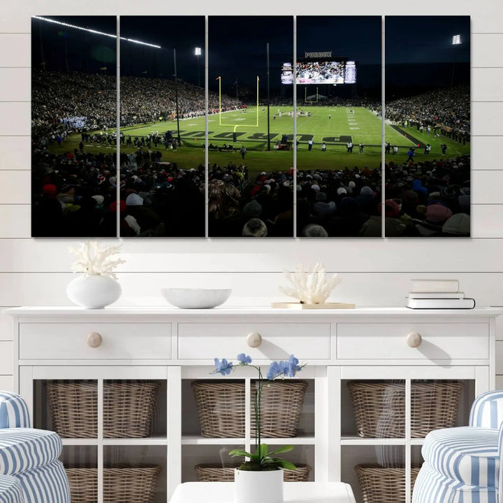 The Purdue Boilermakers Football Team Print - West Lafayette Ross–Ade Stadium wall art canvas print adds a gallery-quality finish and infuses sophistication into the modern living room.