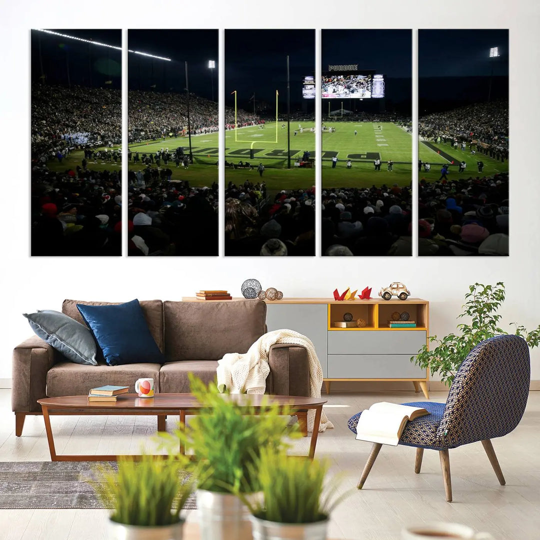 The Purdue Boilermakers Football Team Print - West Lafayette Ross–Ade Stadium wall art canvas print adds a gallery-quality finish and infuses sophistication into the modern living room.