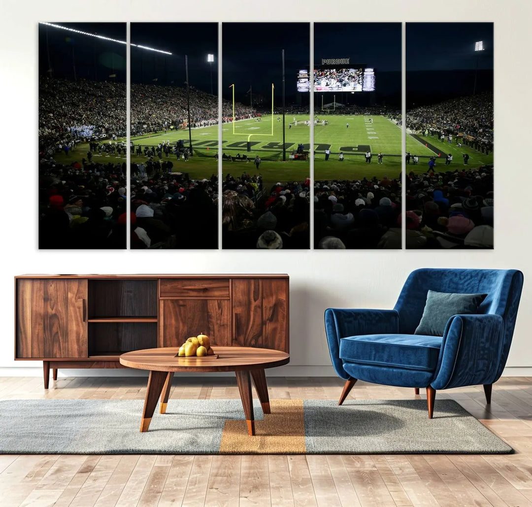 The Purdue Boilermakers Football Team Print - West Lafayette Ross–Ade Stadium wall art canvas print adds a gallery-quality finish and infuses sophistication into the modern living room.