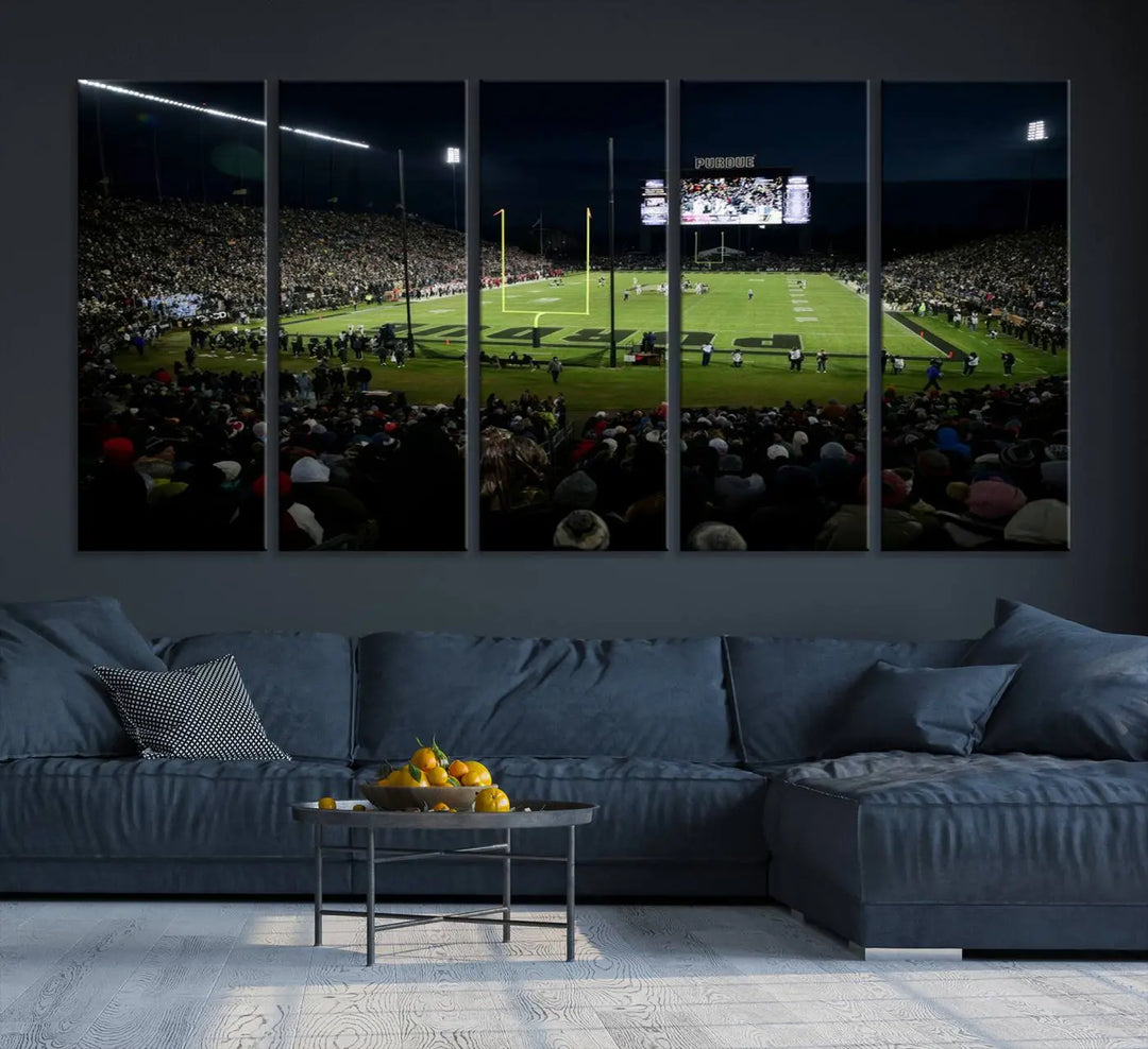 The Purdue Boilermakers Football Team Print - West Lafayette Ross–Ade Stadium wall art canvas print adds a gallery-quality finish and infuses sophistication into the modern living room.