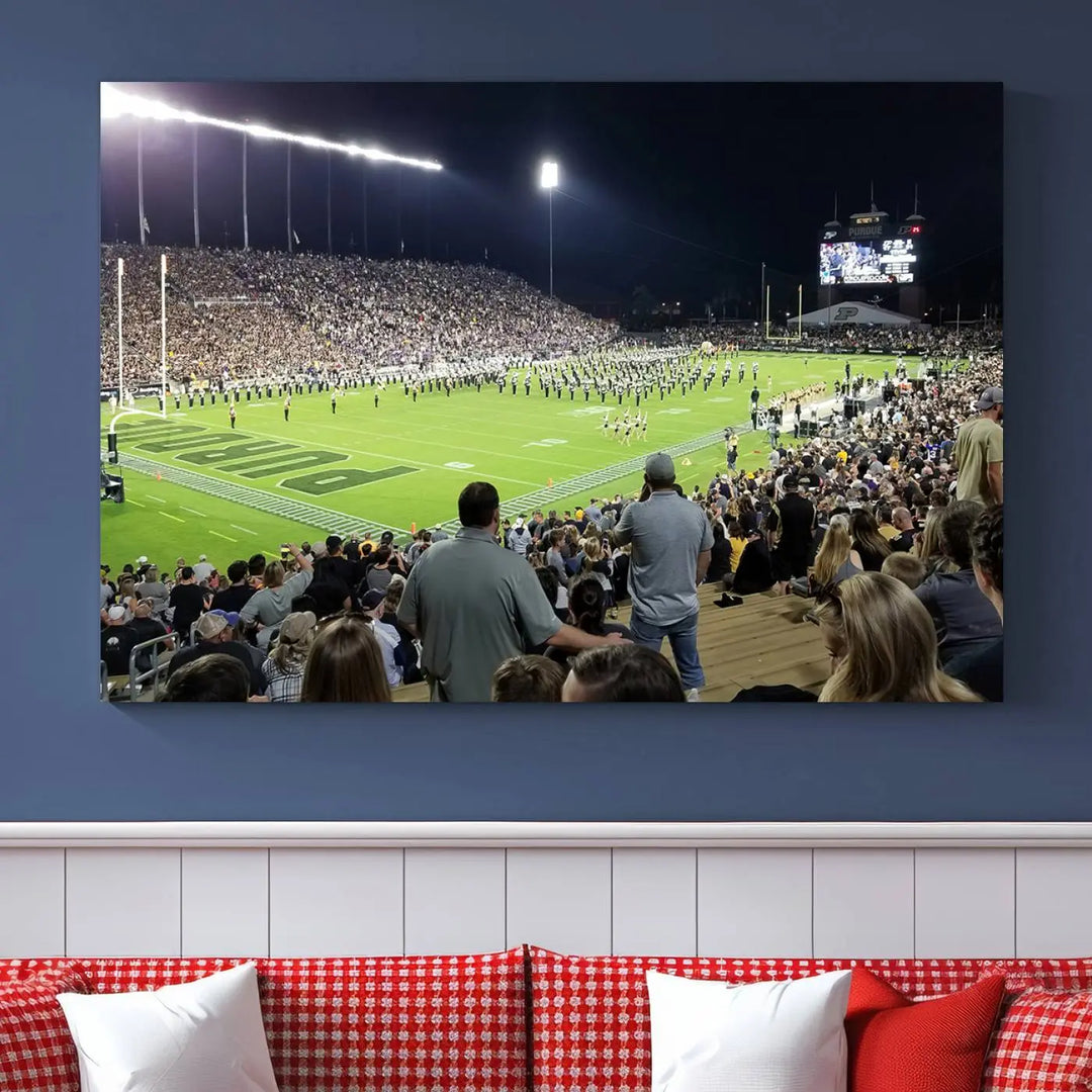 Experience the vibrant energy of a packed football stadium featuring the marching band on the field with our Purdue University Boilermakers Football Team Print. This West Lafayette Ross-Ade Stadium wall art canvas print brings this lively scene to life with a premium, gallery-quality finish.