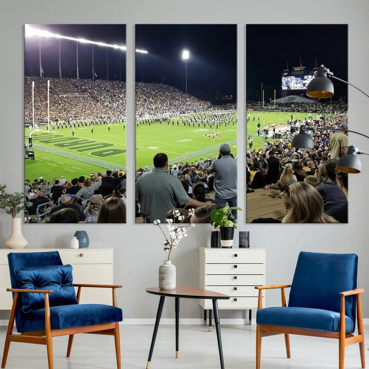 Experience the vibrant energy of a packed football stadium featuring the marching band on the field with our Purdue University Boilermakers Football Team Print. This West Lafayette Ross-Ade Stadium wall art canvas print brings this lively scene to life with a premium, gallery-quality finish.