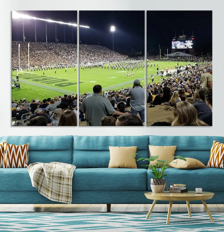 Experience the vibrant energy of a packed football stadium featuring the marching band on the field with our Purdue University Boilermakers Football Team Print. This West Lafayette Ross-Ade Stadium wall art canvas print brings this lively scene to life with a premium, gallery-quality finish.