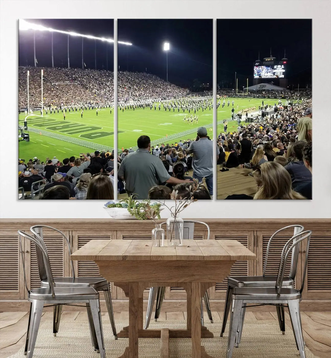 Experience the vibrant energy of a packed football stadium featuring the marching band on the field with our Purdue University Boilermakers Football Team Print. This West Lafayette Ross-Ade Stadium wall art canvas print brings this lively scene to life with a premium, gallery-quality finish.