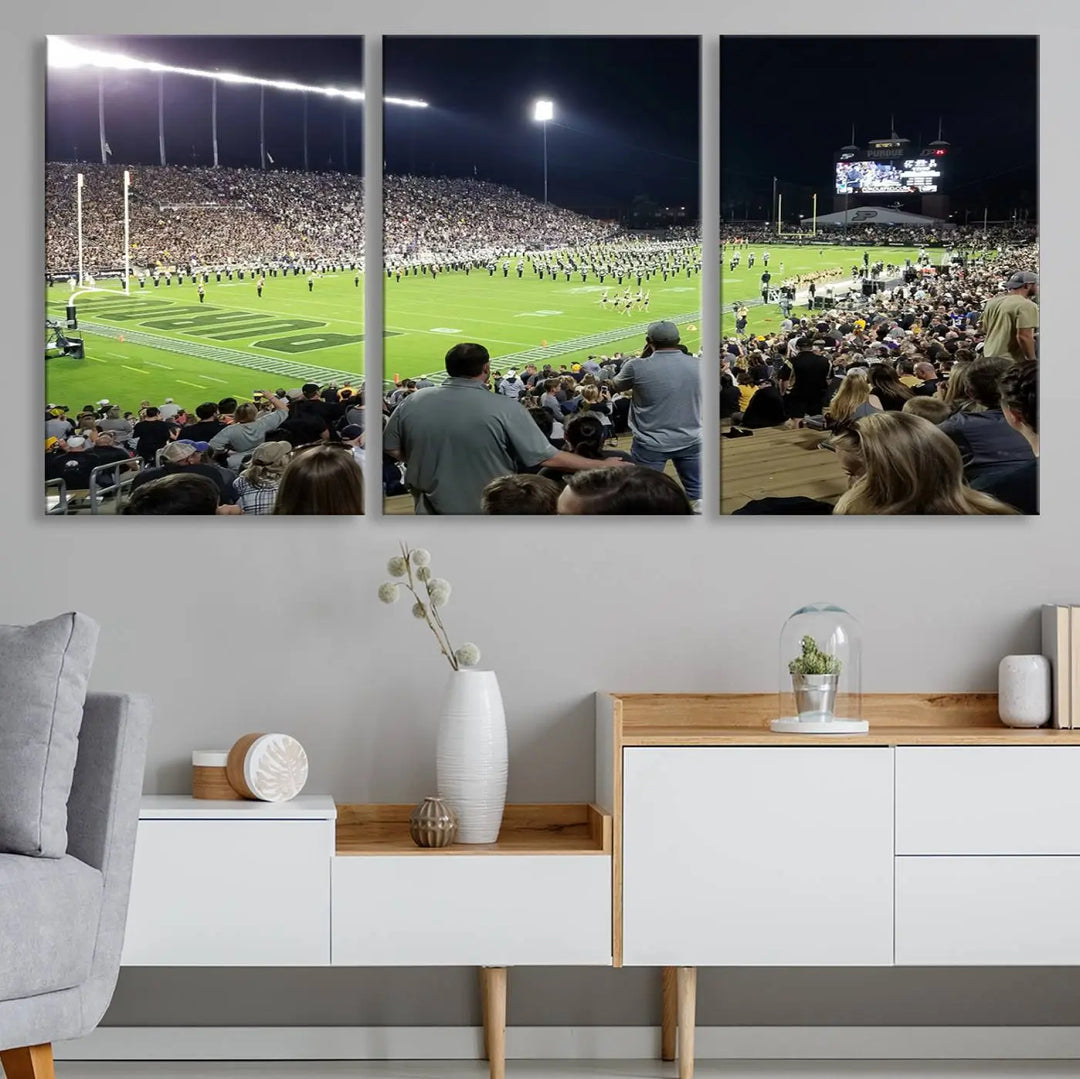 Experience the vibrant energy of a packed football stadium featuring the marching band on the field with our Purdue University Boilermakers Football Team Print. This West Lafayette Ross-Ade Stadium wall art canvas print brings this lively scene to life with a premium, gallery-quality finish.