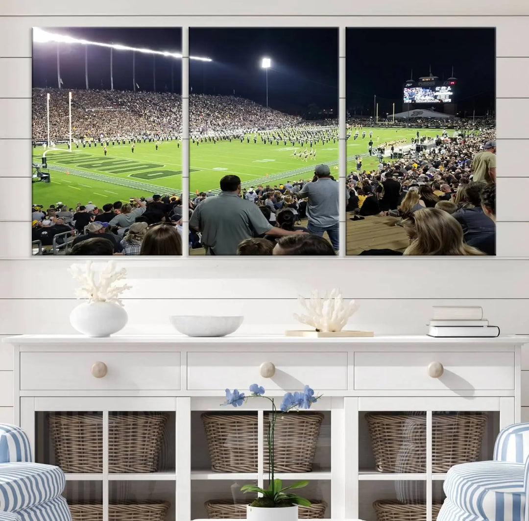 Experience the vibrant energy of a packed football stadium featuring the marching band on the field with our Purdue University Boilermakers Football Team Print. This West Lafayette Ross-Ade Stadium wall art canvas print brings this lively scene to life with a premium, gallery-quality finish.