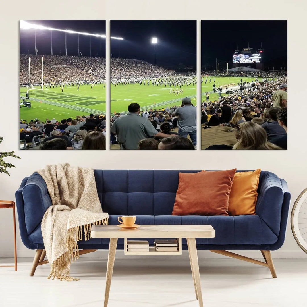 Experience the vibrant energy of a packed football stadium featuring the marching band on the field with our Purdue University Boilermakers Football Team Print. This West Lafayette Ross-Ade Stadium wall art canvas print brings this lively scene to life with a premium, gallery-quality finish.