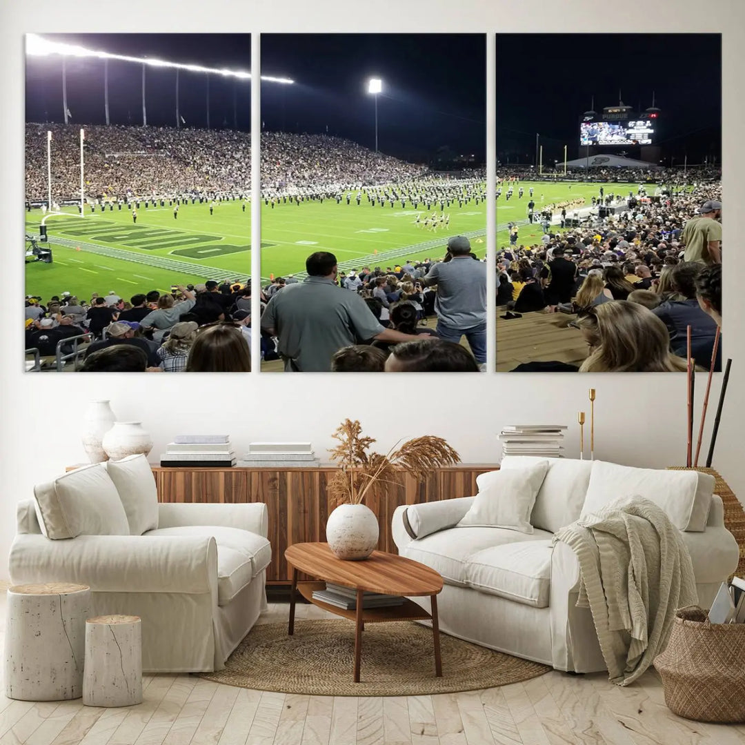 Experience the vibrant energy of a packed football stadium featuring the marching band on the field with our Purdue University Boilermakers Football Team Print. This West Lafayette Ross-Ade Stadium wall art canvas print brings this lively scene to life with a premium, gallery-quality finish.