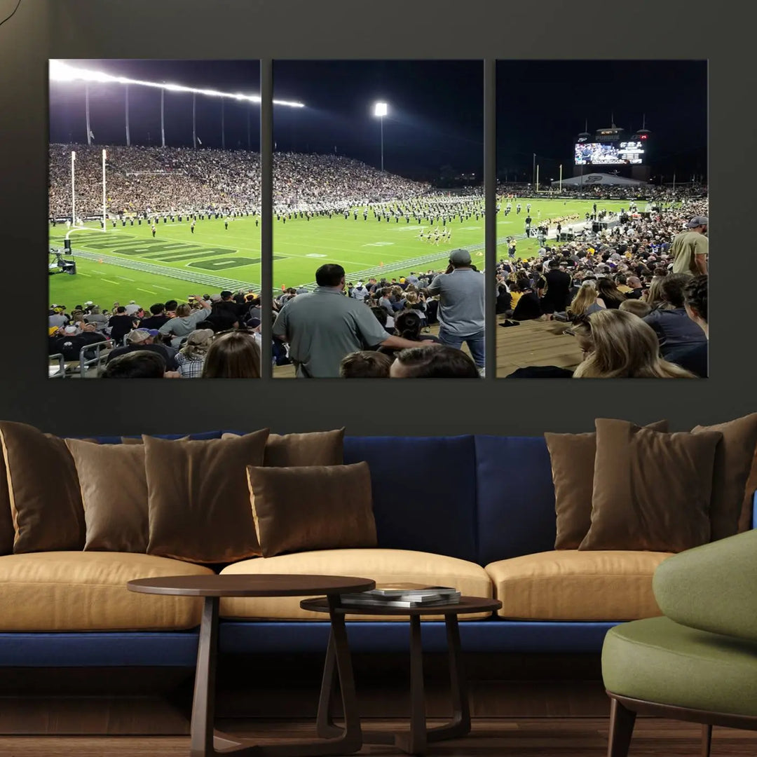 Experience the vibrant energy of a packed football stadium featuring the marching band on the field with our Purdue University Boilermakers Football Team Print. This West Lafayette Ross-Ade Stadium wall art canvas print brings this lively scene to life with a premium, gallery-quality finish.