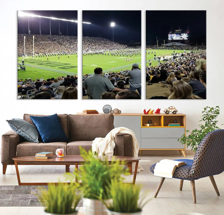 Experience the vibrant energy of a packed football stadium featuring the marching band on the field with our Purdue University Boilermakers Football Team Print. This West Lafayette Ross-Ade Stadium wall art canvas print brings this lively scene to life with a premium, gallery-quality finish.