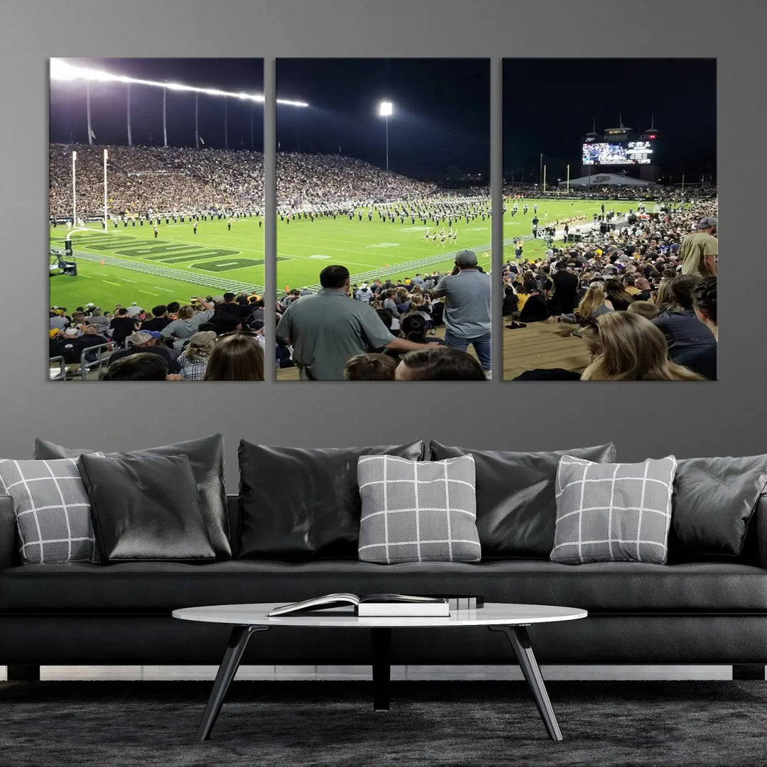 Experience the vibrant energy of a packed football stadium featuring the marching band on the field with our Purdue University Boilermakers Football Team Print. This West Lafayette Ross-Ade Stadium wall art canvas print brings this lively scene to life with a premium, gallery-quality finish.