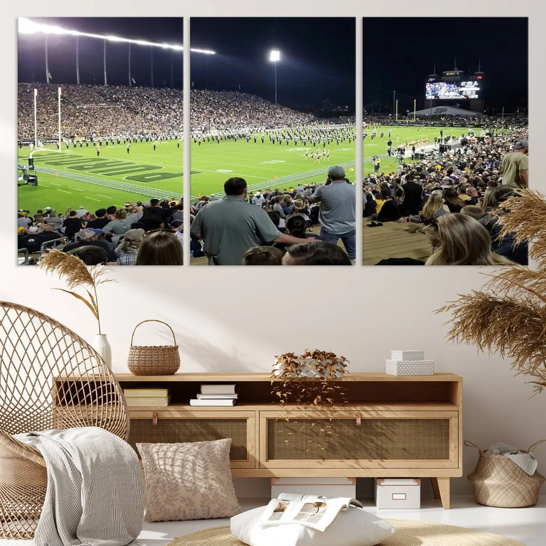 Experience the vibrant energy of a packed football stadium featuring the marching band on the field with our Purdue University Boilermakers Football Team Print. This West Lafayette Ross-Ade Stadium wall art canvas print brings this lively scene to life with a premium, gallery-quality finish.