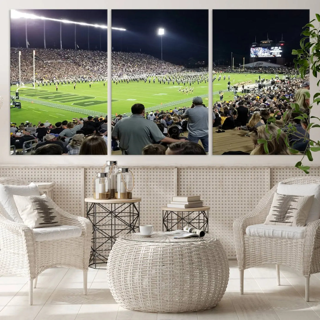 Experience the vibrant energy of a packed football stadium featuring the marching band on the field with our Purdue University Boilermakers Football Team Print. This West Lafayette Ross-Ade Stadium wall art canvas print brings this lively scene to life with a premium, gallery-quality finish.