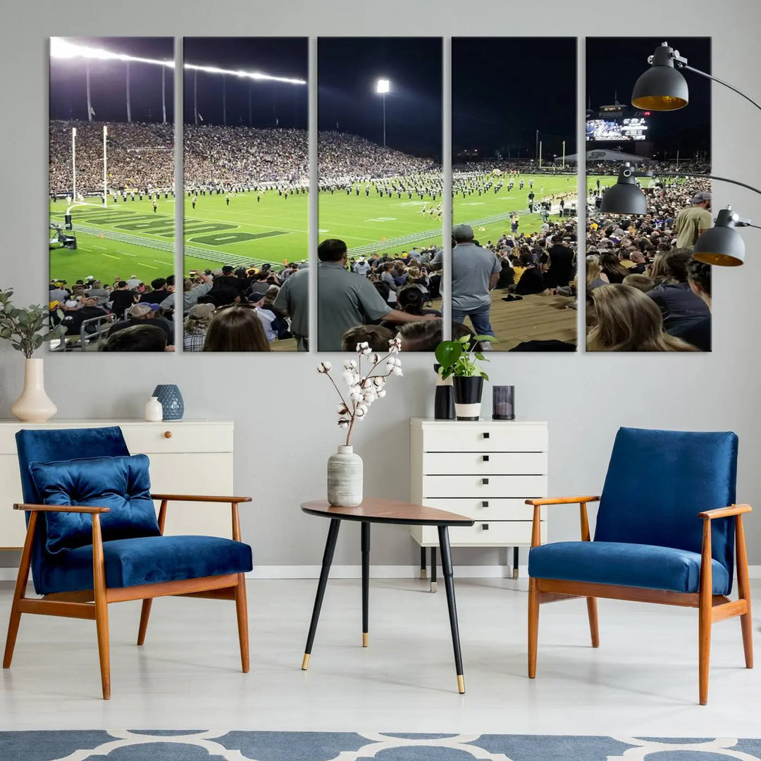 Experience the vibrant energy of a packed football stadium featuring the marching band on the field with our Purdue University Boilermakers Football Team Print. This West Lafayette Ross-Ade Stadium wall art canvas print brings this lively scene to life with a premium, gallery-quality finish.