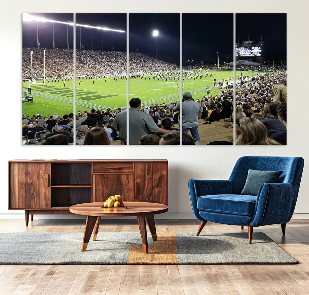 Experience the vibrant energy of a packed football stadium featuring the marching band on the field with our Purdue University Boilermakers Football Team Print. This West Lafayette Ross-Ade Stadium wall art canvas print brings this lively scene to life with a premium, gallery-quality finish.