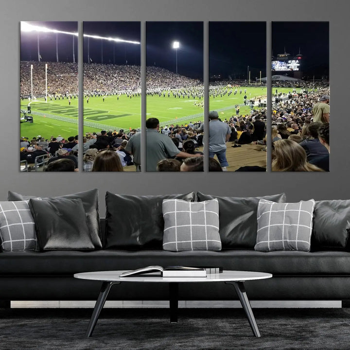 Experience the vibrant energy of a packed football stadium featuring the marching band on the field with our Purdue University Boilermakers Football Team Print. This West Lafayette Ross-Ade Stadium wall art canvas print brings this lively scene to life with a premium, gallery-quality finish.