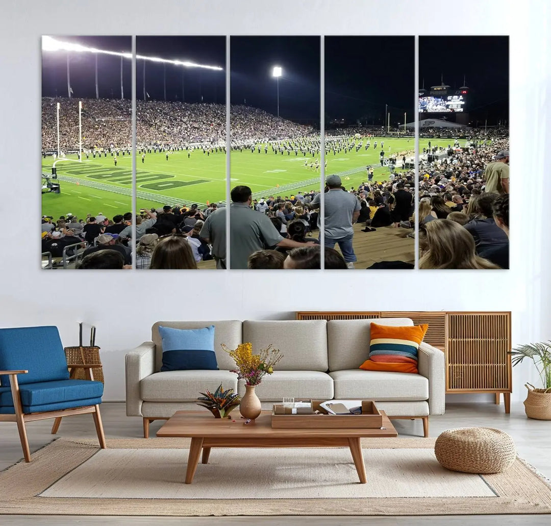 Experience the vibrant energy of a packed football stadium featuring the marching band on the field with our Purdue University Boilermakers Football Team Print. This West Lafayette Ross-Ade Stadium wall art canvas print brings this lively scene to life with a premium, gallery-quality finish.