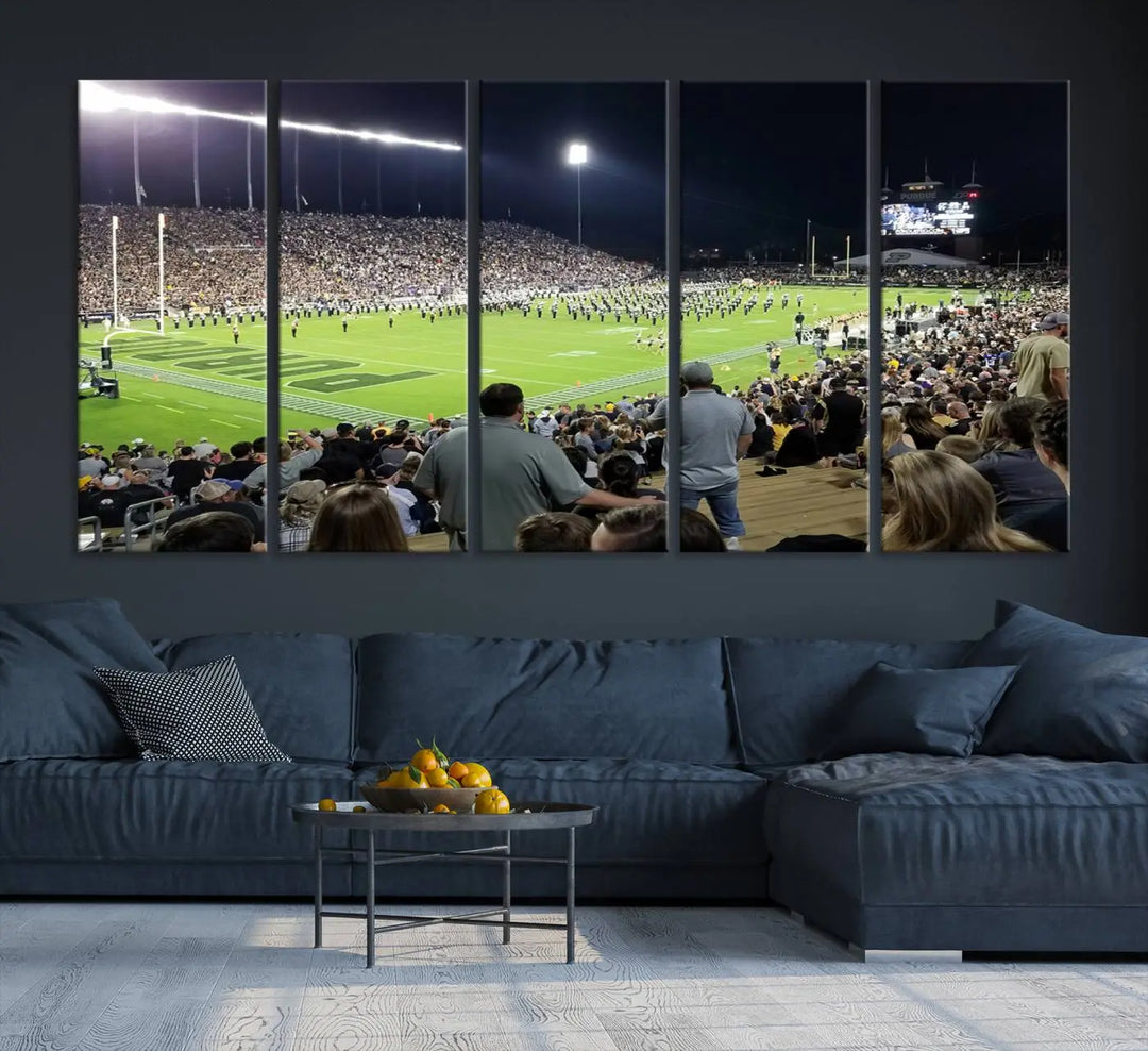 Experience the vibrant energy of a packed football stadium featuring the marching band on the field with our Purdue University Boilermakers Football Team Print. This West Lafayette Ross-Ade Stadium wall art canvas print brings this lively scene to life with a premium, gallery-quality finish.