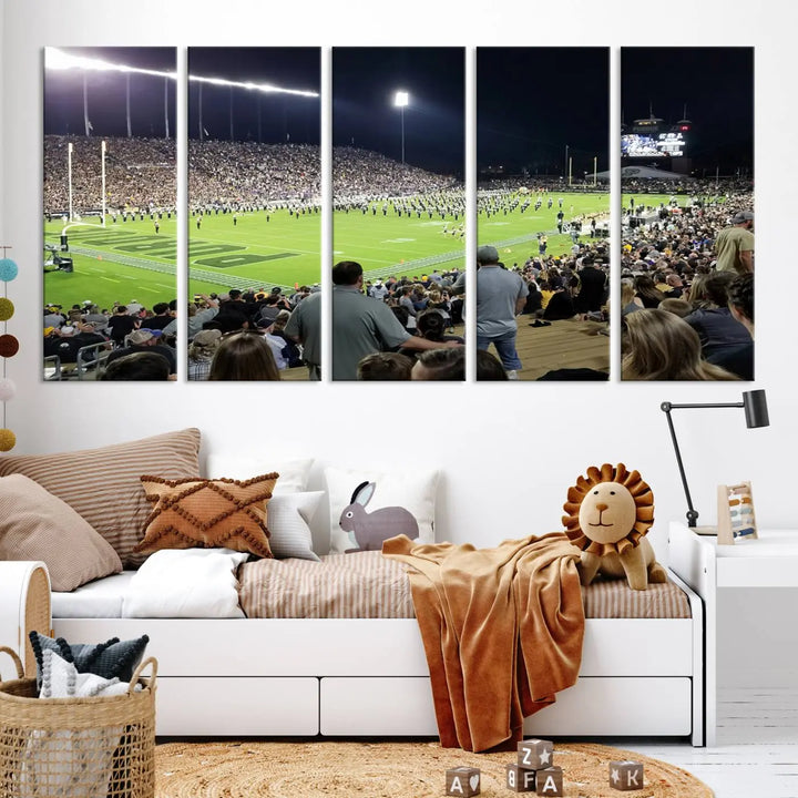 Experience the vibrant energy of a packed football stadium featuring the marching band on the field with our Purdue University Boilermakers Football Team Print. This West Lafayette Ross-Ade Stadium wall art canvas print brings this lively scene to life with a premium, gallery-quality finish.