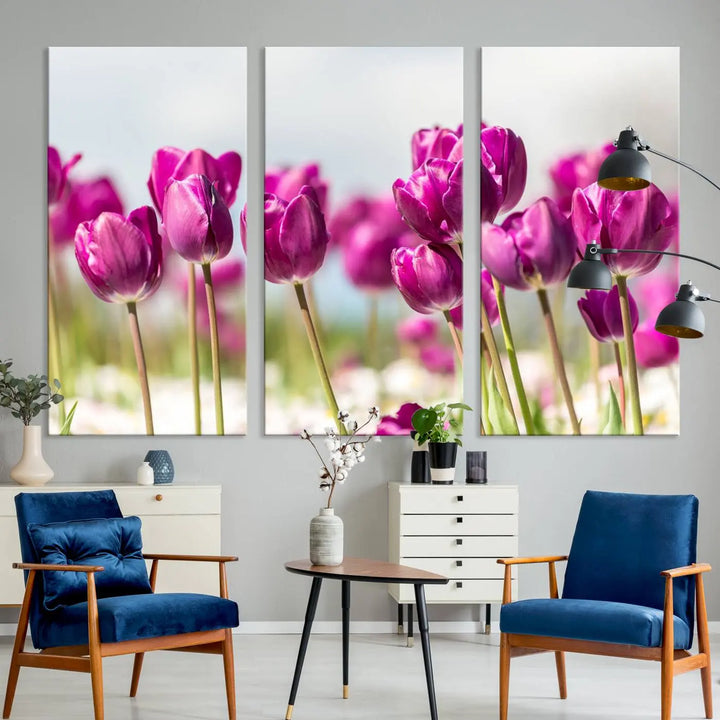 A triptych of purple tulips adds elegance to a modern living room. The Purple Tulips Canvas Wall Art Print, crafted on museum-quality canvases, captures the essence of professional artistry.