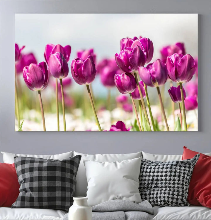 A triptych of purple tulips adds elegance to a modern living room. The Purple Tulips Canvas Wall Art Print, crafted on museum-quality canvases, captures the essence of professional artistry.