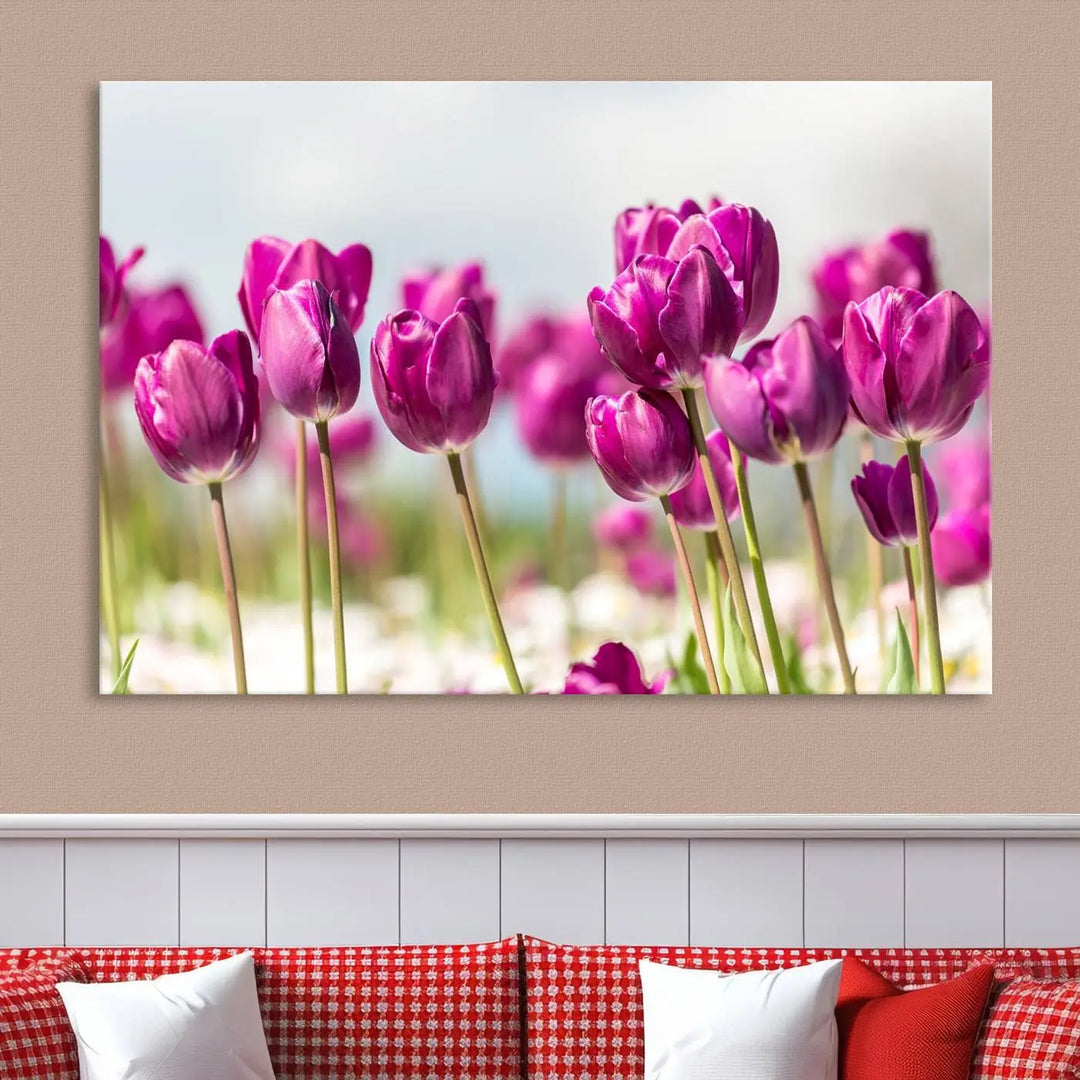 A triptych of purple tulips adds elegance to a modern living room. The Purple Tulips Canvas Wall Art Print, crafted on museum-quality canvases, captures the essence of professional artistry.