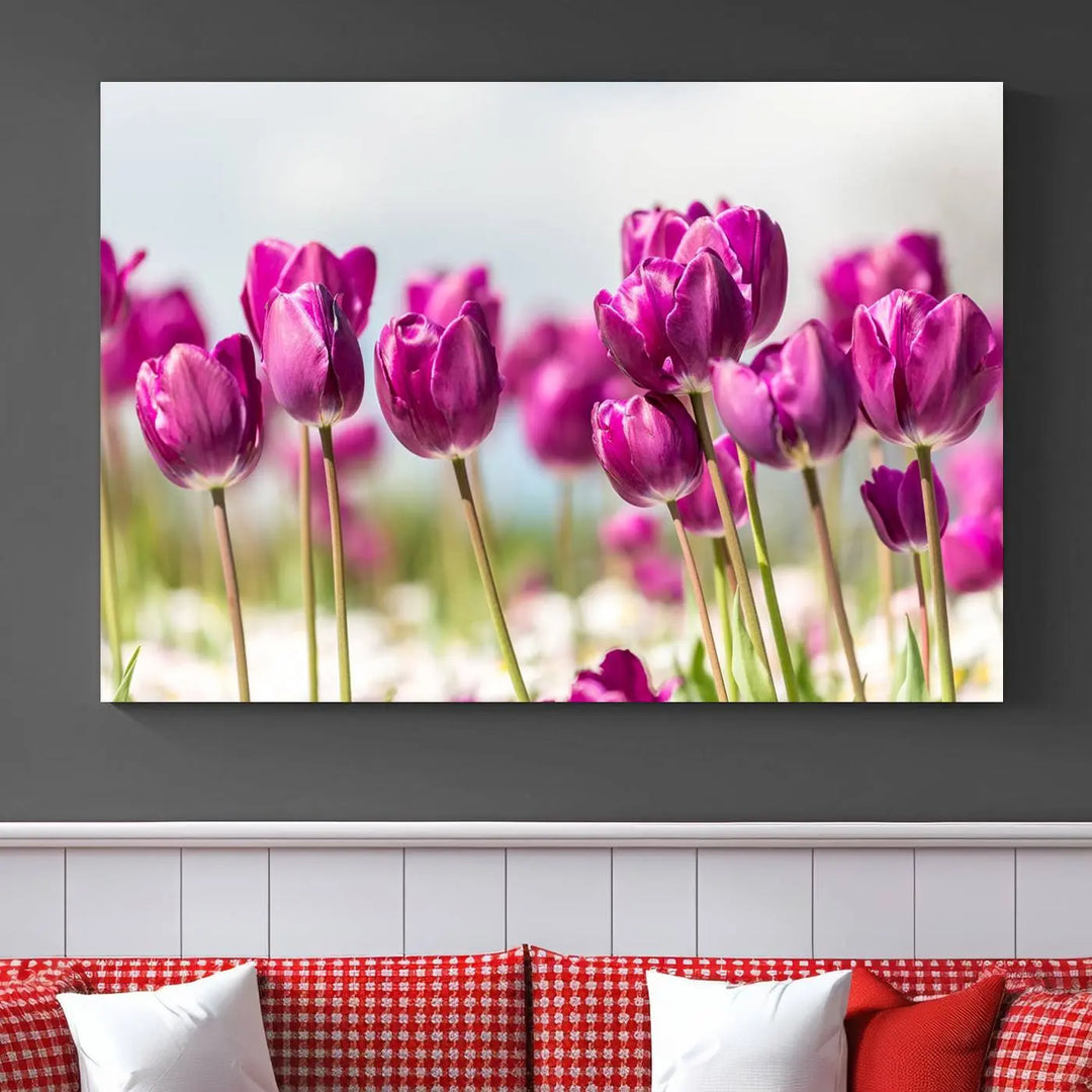 A triptych of purple tulips adds elegance to a modern living room. The Purple Tulips Canvas Wall Art Print, crafted on museum-quality canvases, captures the essence of professional artistry.