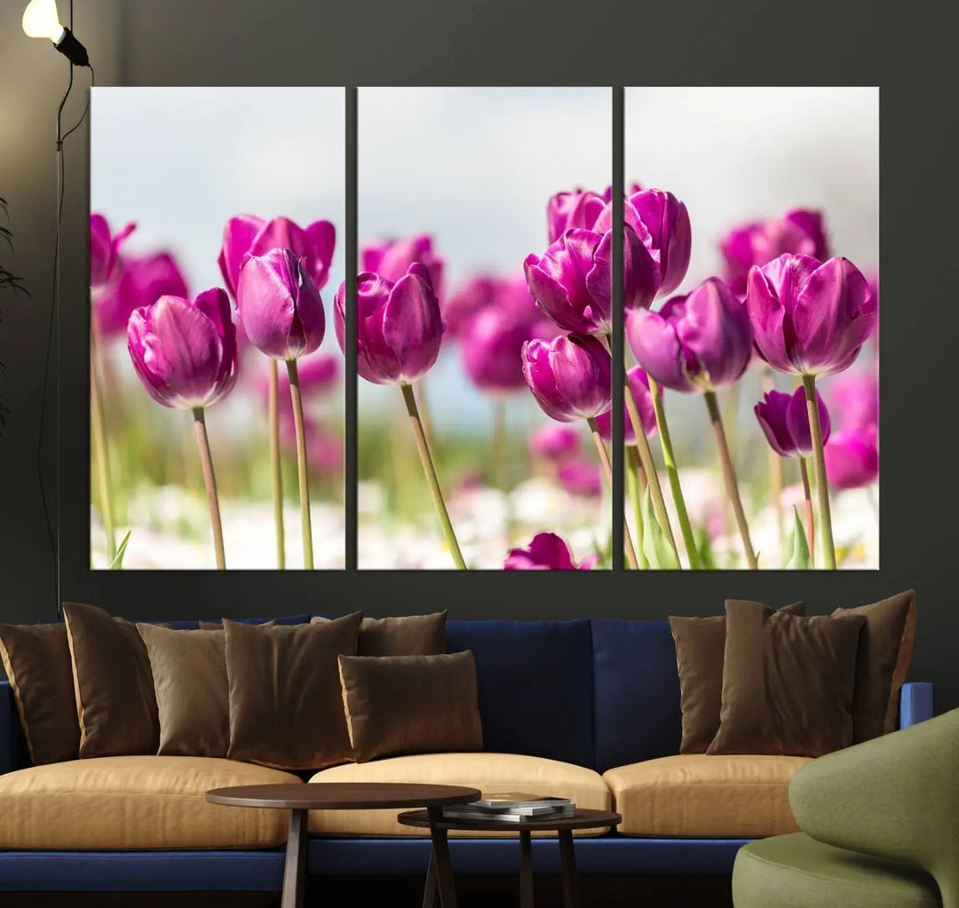 A triptych of purple tulips adds elegance to a modern living room. The Purple Tulips Canvas Wall Art Print, crafted on museum-quality canvases, captures the essence of professional artistry.