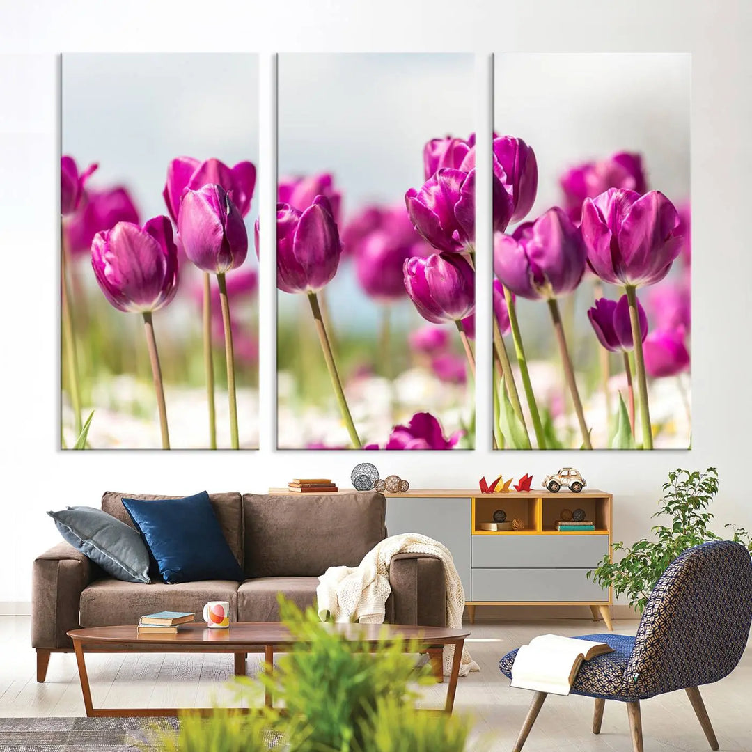 A triptych of purple tulips adds elegance to a modern living room. The Purple Tulips Canvas Wall Art Print, crafted on museum-quality canvases, captures the essence of professional artistry.