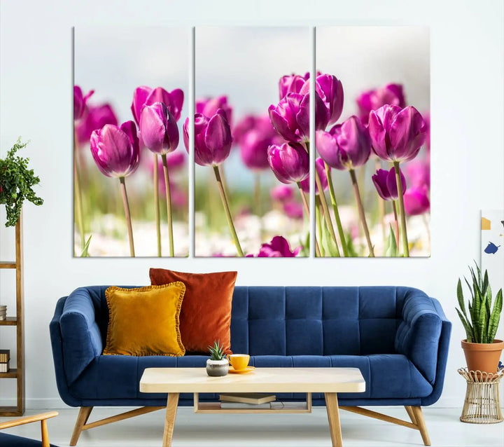 A triptych of purple tulips adds elegance to a modern living room. The Purple Tulips Canvas Wall Art Print, crafted on museum-quality canvases, captures the essence of professional artistry.