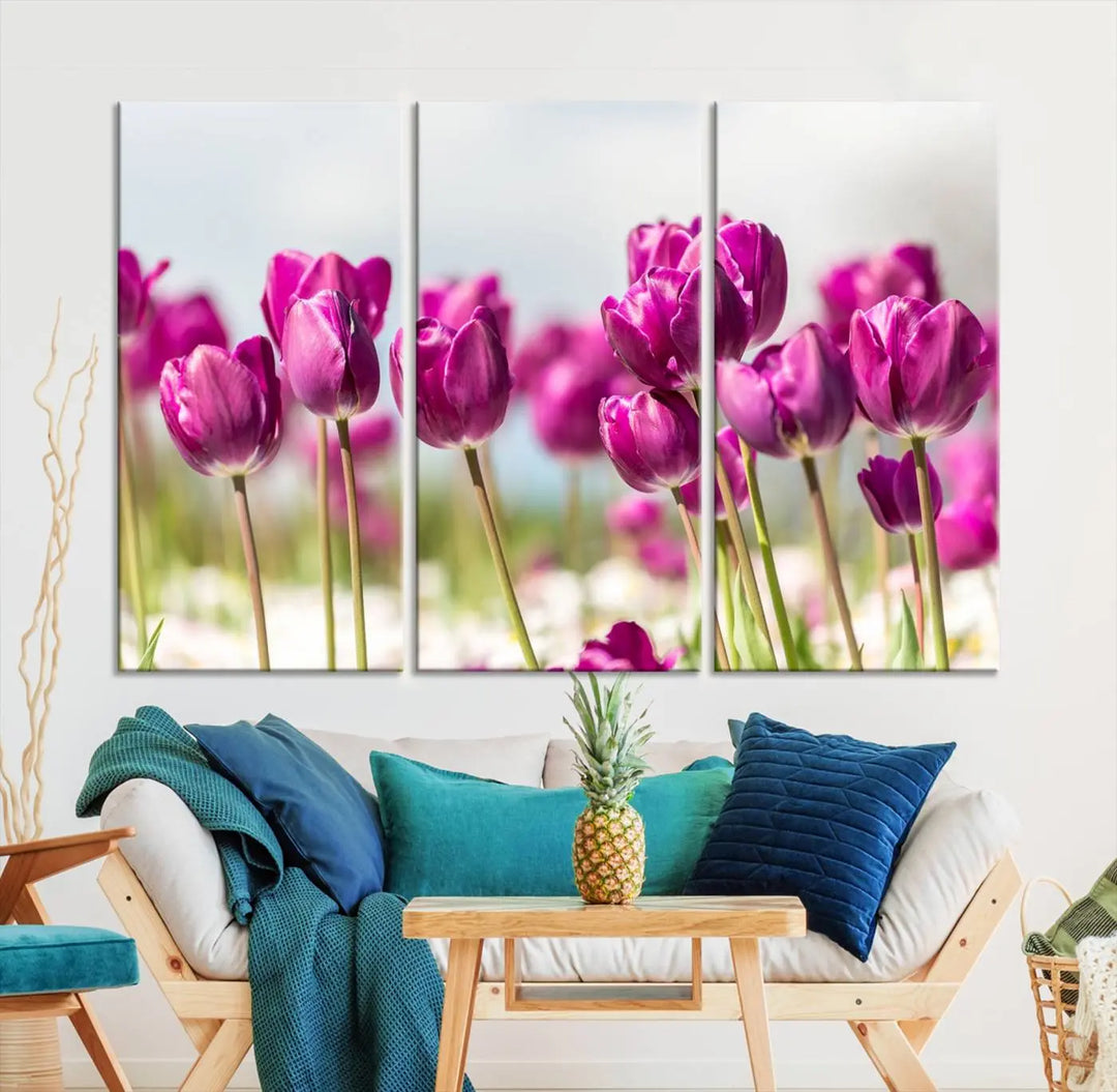 A triptych of purple tulips adds elegance to a modern living room. The Purple Tulips Canvas Wall Art Print, crafted on museum-quality canvases, captures the essence of professional artistry.