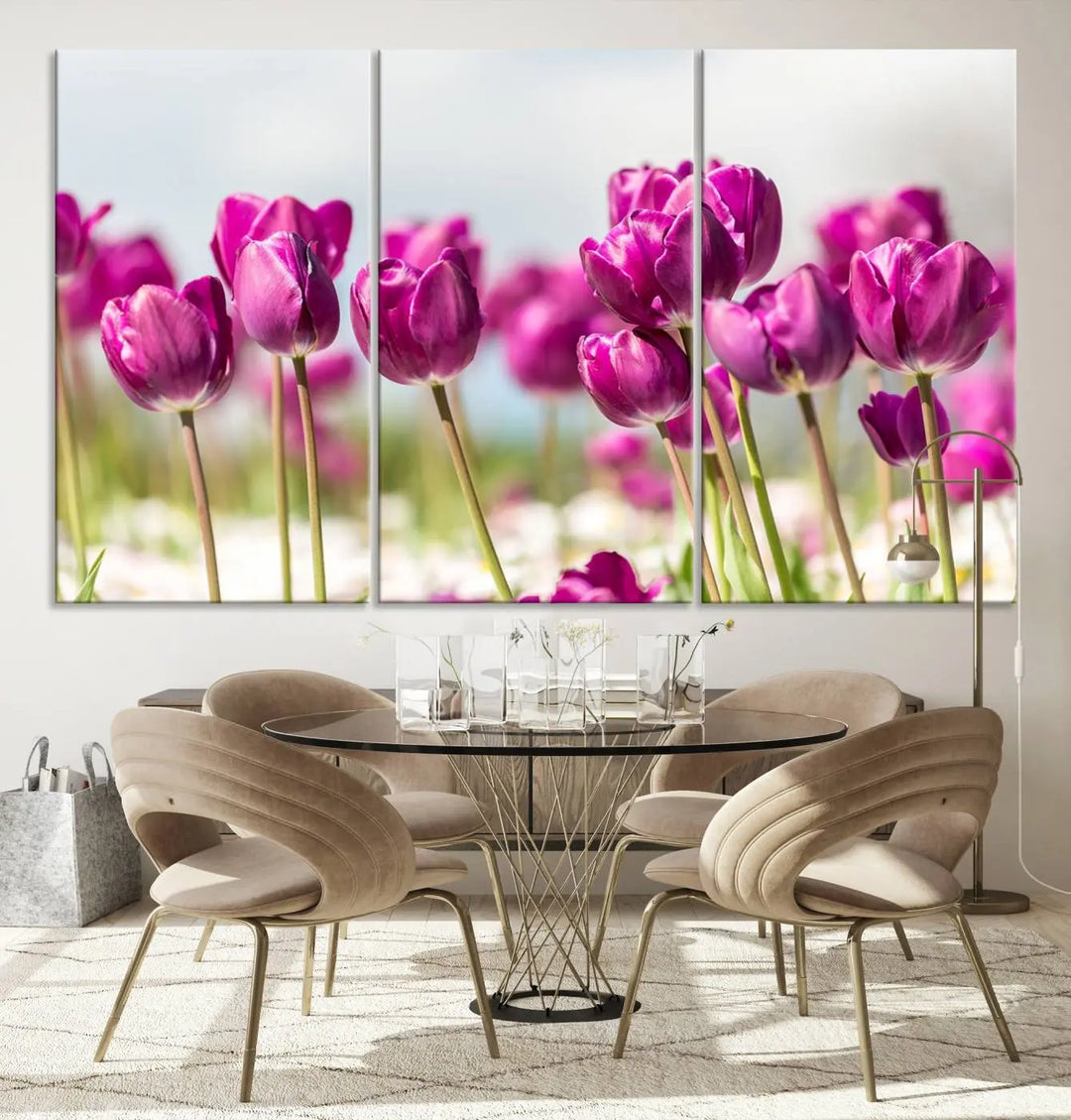 A triptych of purple tulips adds elegance to a modern living room. The Purple Tulips Canvas Wall Art Print, crafted on museum-quality canvases, captures the essence of professional artistry.