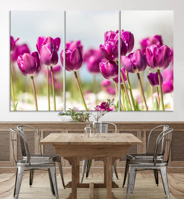 A triptych of purple tulips adds elegance to a modern living room. The Purple Tulips Canvas Wall Art Print, crafted on museum-quality canvases, captures the essence of professional artistry.