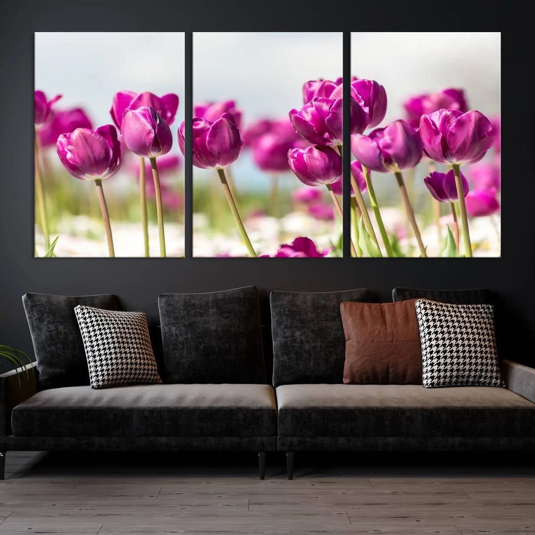 A triptych of purple tulips adds elegance to a modern living room. The Purple Tulips Canvas Wall Art Print, crafted on museum-quality canvases, captures the essence of professional artistry.