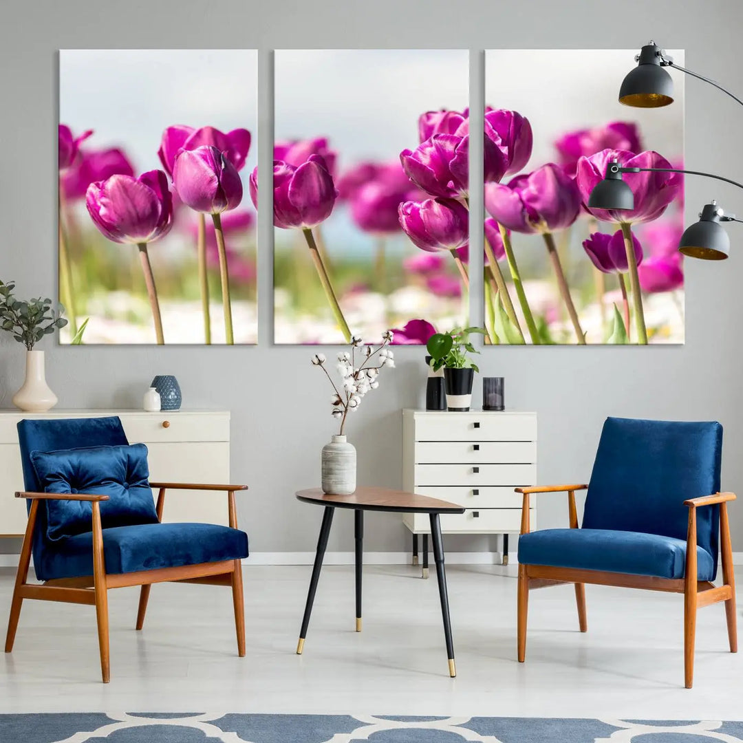 A triptych of purple tulips adds elegance to a modern living room. The Purple Tulips Canvas Wall Art Print, crafted on museum-quality canvases, captures the essence of professional artistry.